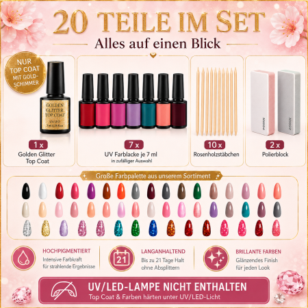 Golden UV Nail Polish Set – Coffret Vernis UV 20 pièces avec Golden Glitter Top Coat